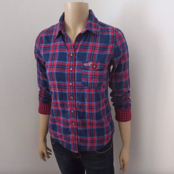 Hollister Womens Plaid Shirt Size XS Top Button Down Blouse Blue & Red - Picture 2 of 4
